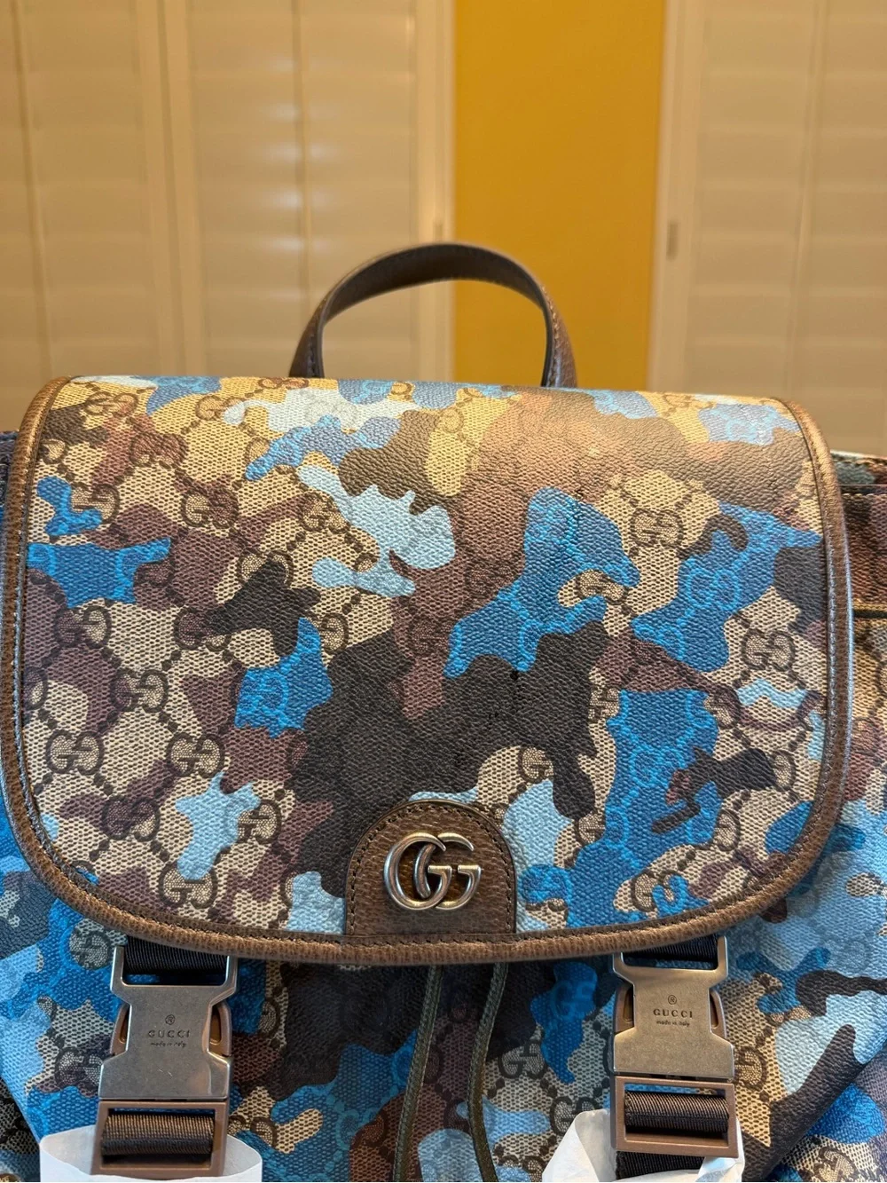 New Authentic Gucci GG Supreme Logo Blue Camo Backpack Tan Size Large